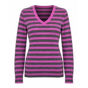 Alex Marie 100% Cashmere V-Neck Sweater Sz L Orchid Purple And Grey Striped EUC